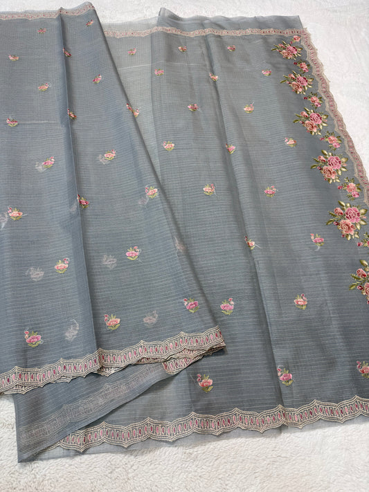 Gray shade cotton kota designe embroidery premium Banarasi saree