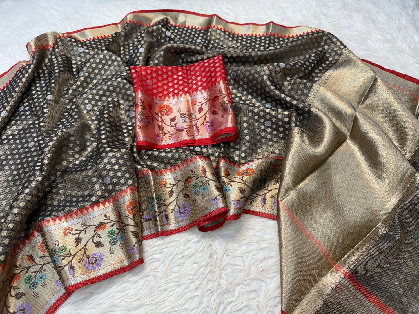 Black & red shade tissue kota premium paithani border banarasi saree