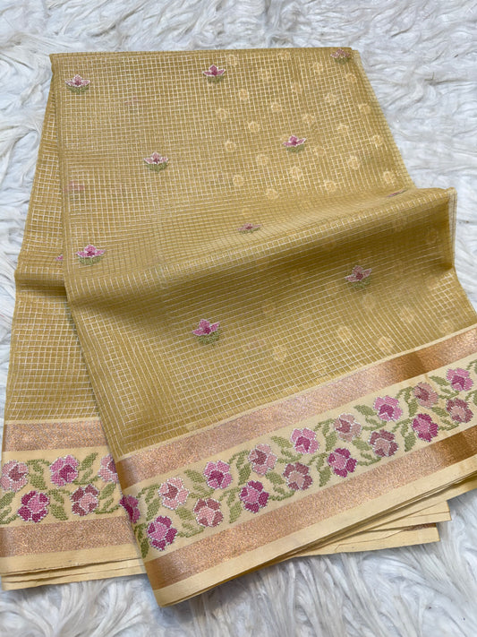 Beige shade kora organza  embroidery Banarasi saree