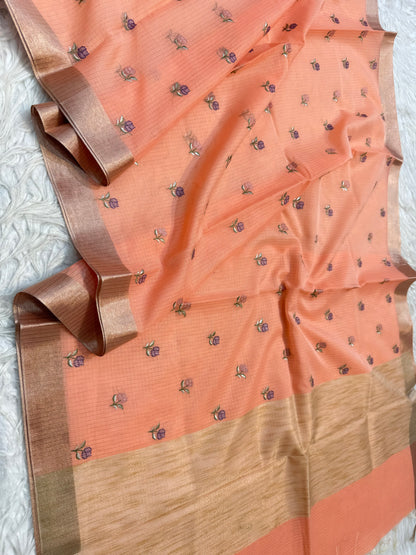 Peach shade cotton kota embroidery Banarasi saree