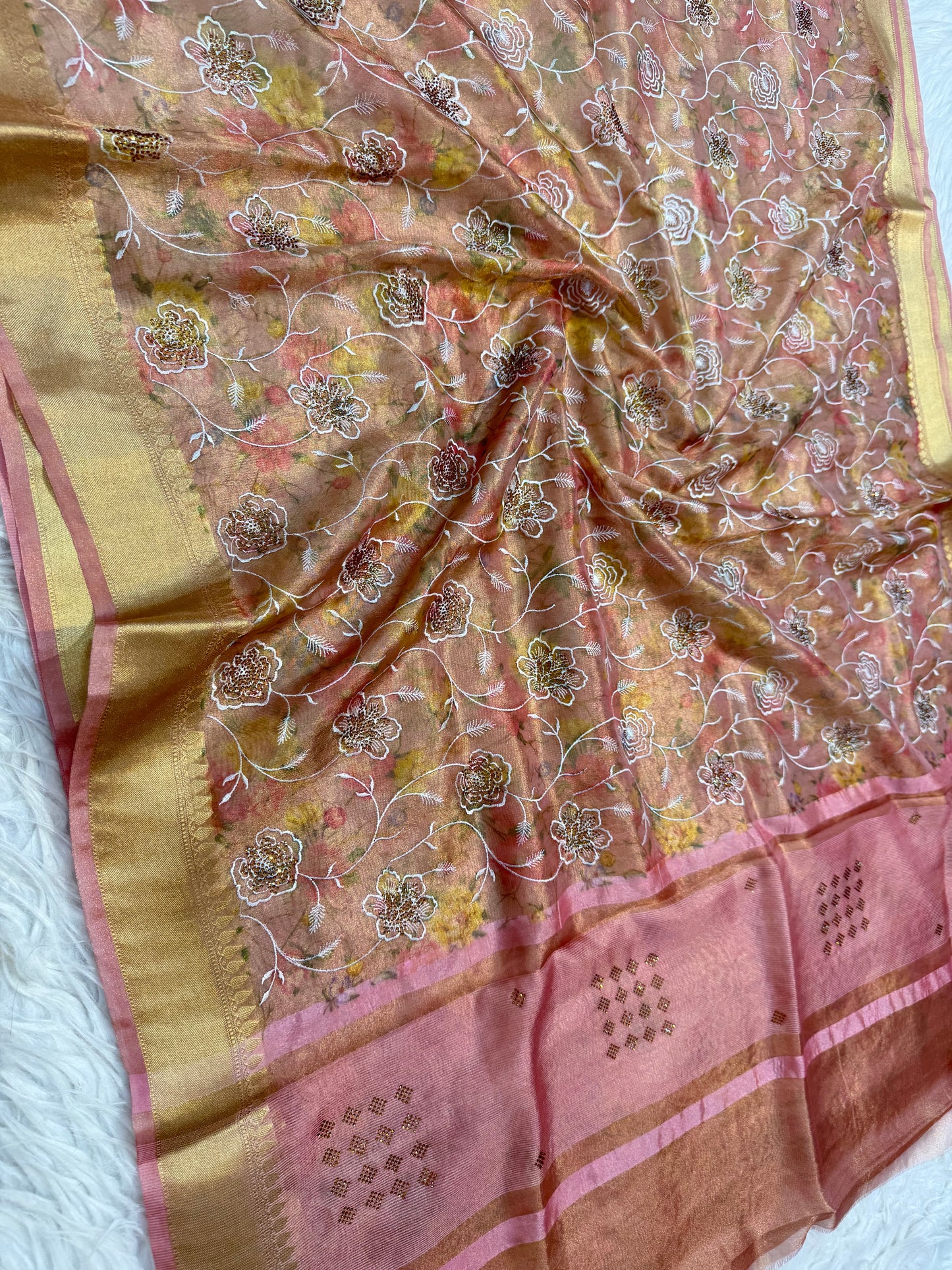 multicolour tissue silk digital  print Embroidry sawroski work premium Banarasi saree