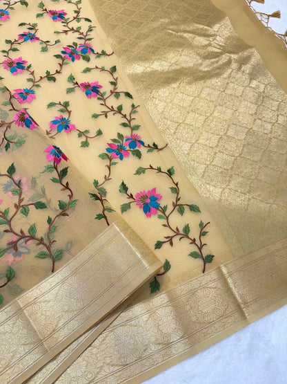 Beige shade organza designer premium embroidery Banarasi saree