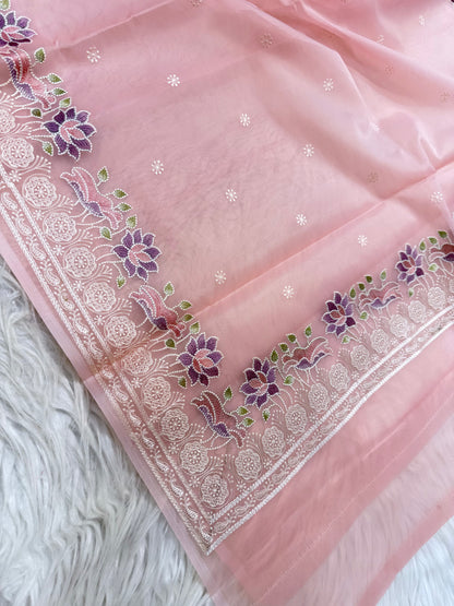 Pink shade  kora organza digital print embroidery Banarasi saree