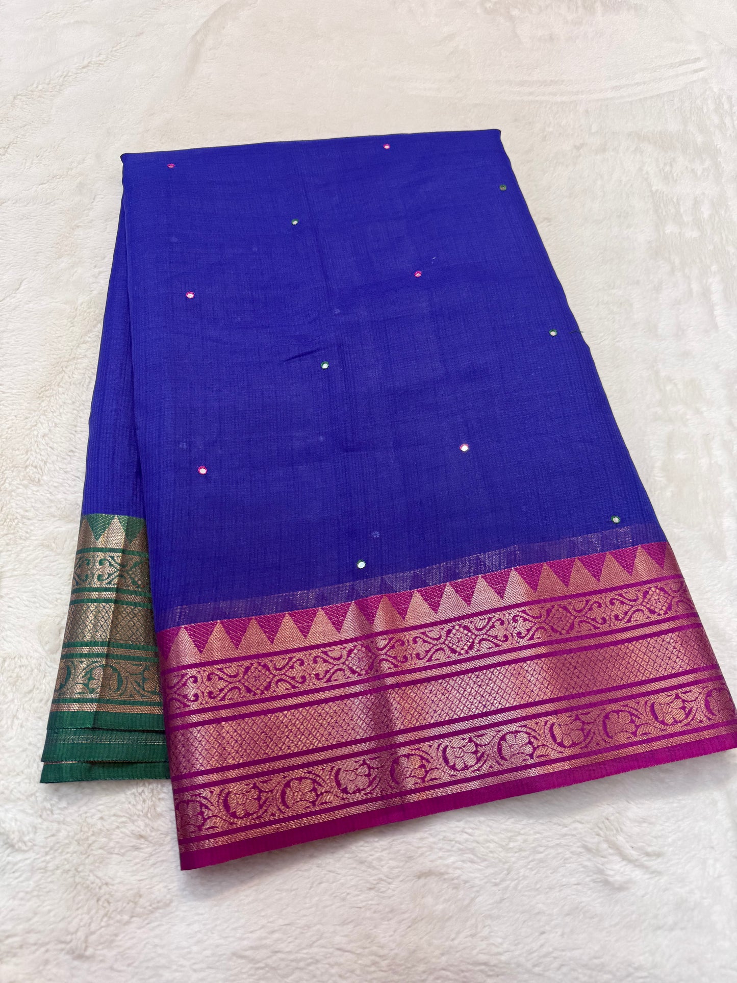 Royal blue royal pink bottle green shade kota mirror work premium Banarasi saree