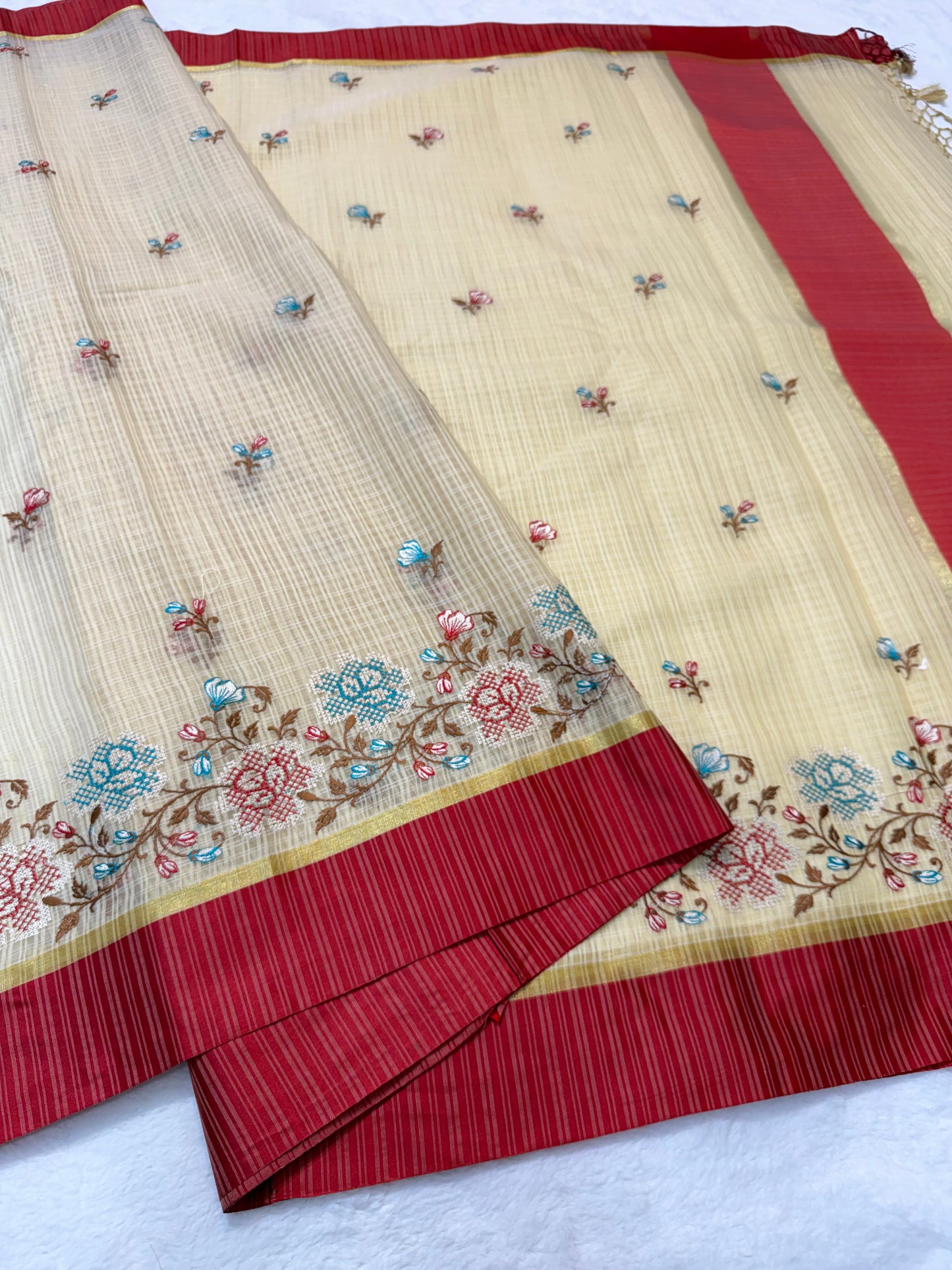 Beige red shade kota embroidery Banarasi saree