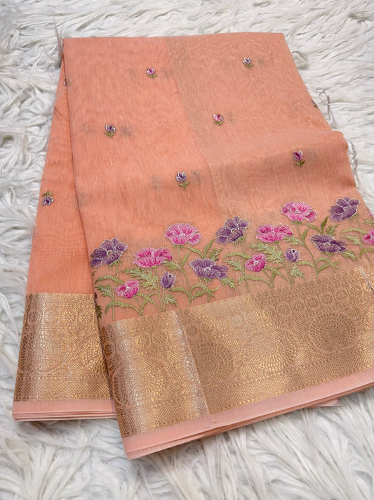 Peach shade linen embroidery Banarasi saree