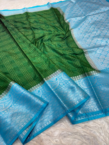 Bottle green & firozi shade  Dupion Silk premium Banarasi Saree