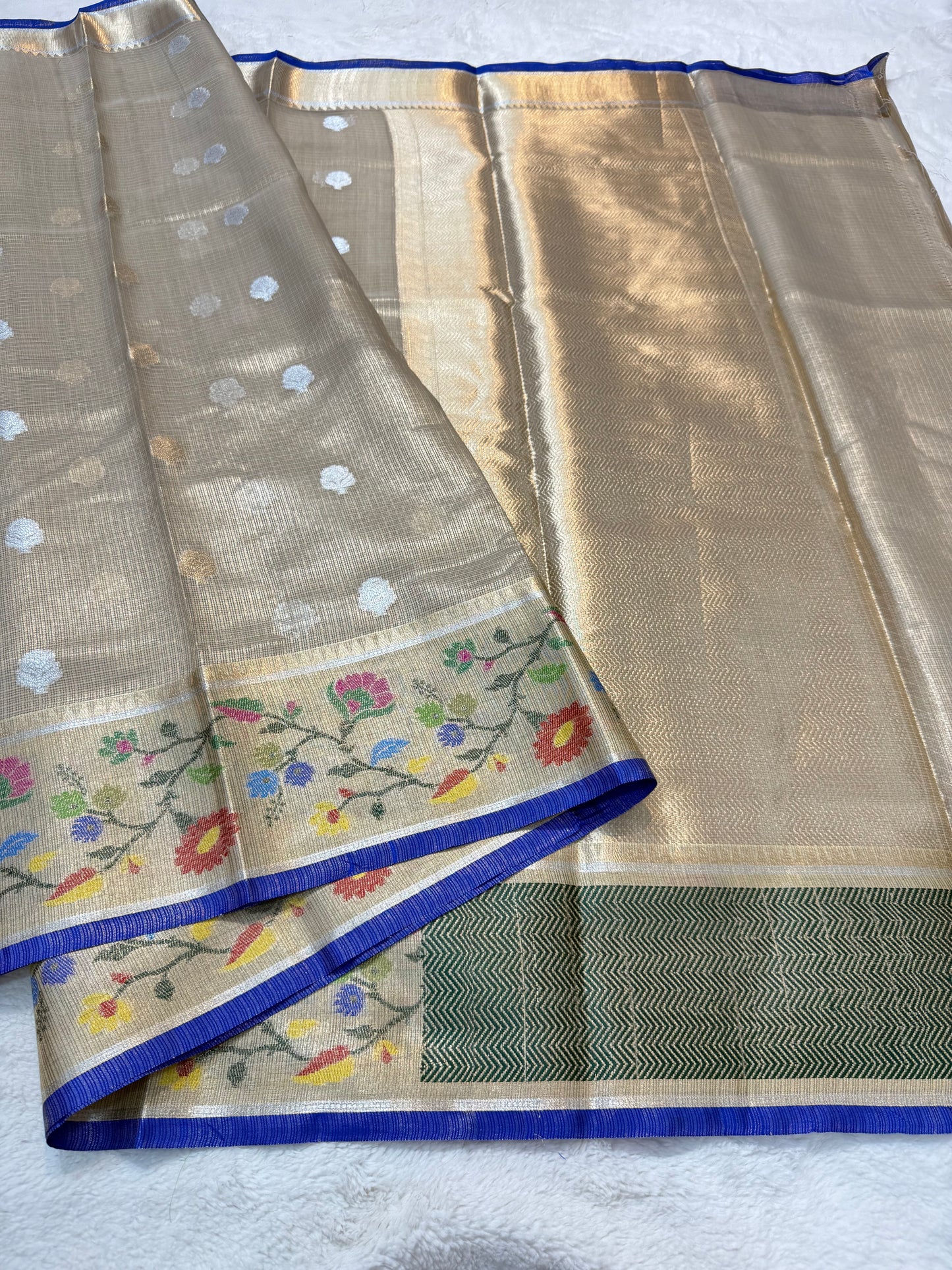 Gray & multicolour shade tissue kota premium paithani border designer banarasi saree