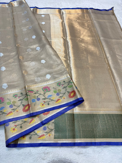 Gray & multicolour shade tissue kota premium paithani border designer banarasi saree