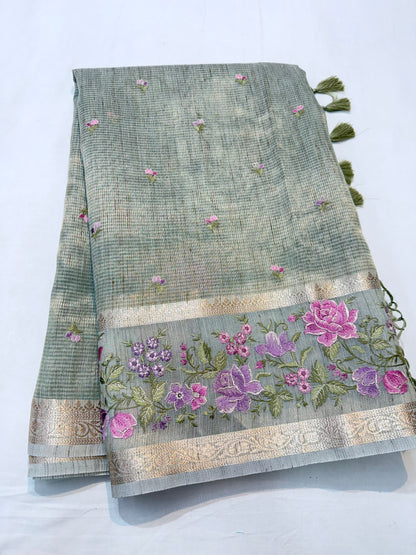 Pista green shade tissue linen designer embroidery Banarasi saree