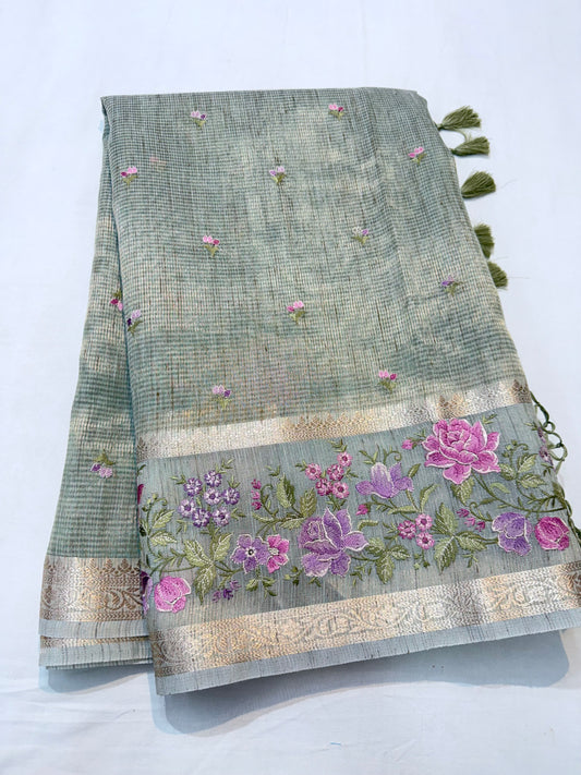 Pista green shade tissue linen designer embroidery Banarasi saree