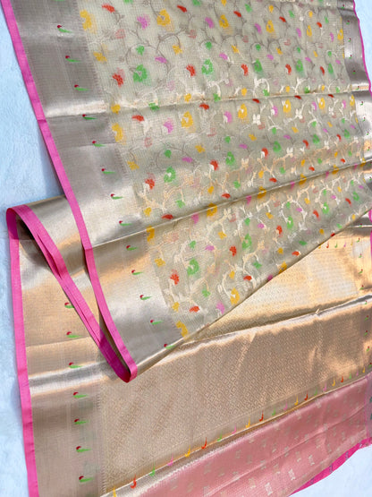 Silver & multicolour shade tissue kota premium paithani border designer banarasi saree