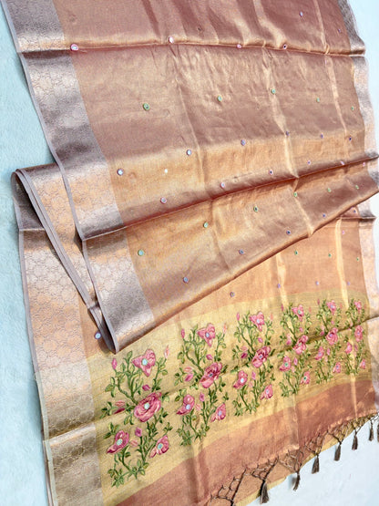 Pink kota tissue kota designer embroidery handwork premium Banarasi saree