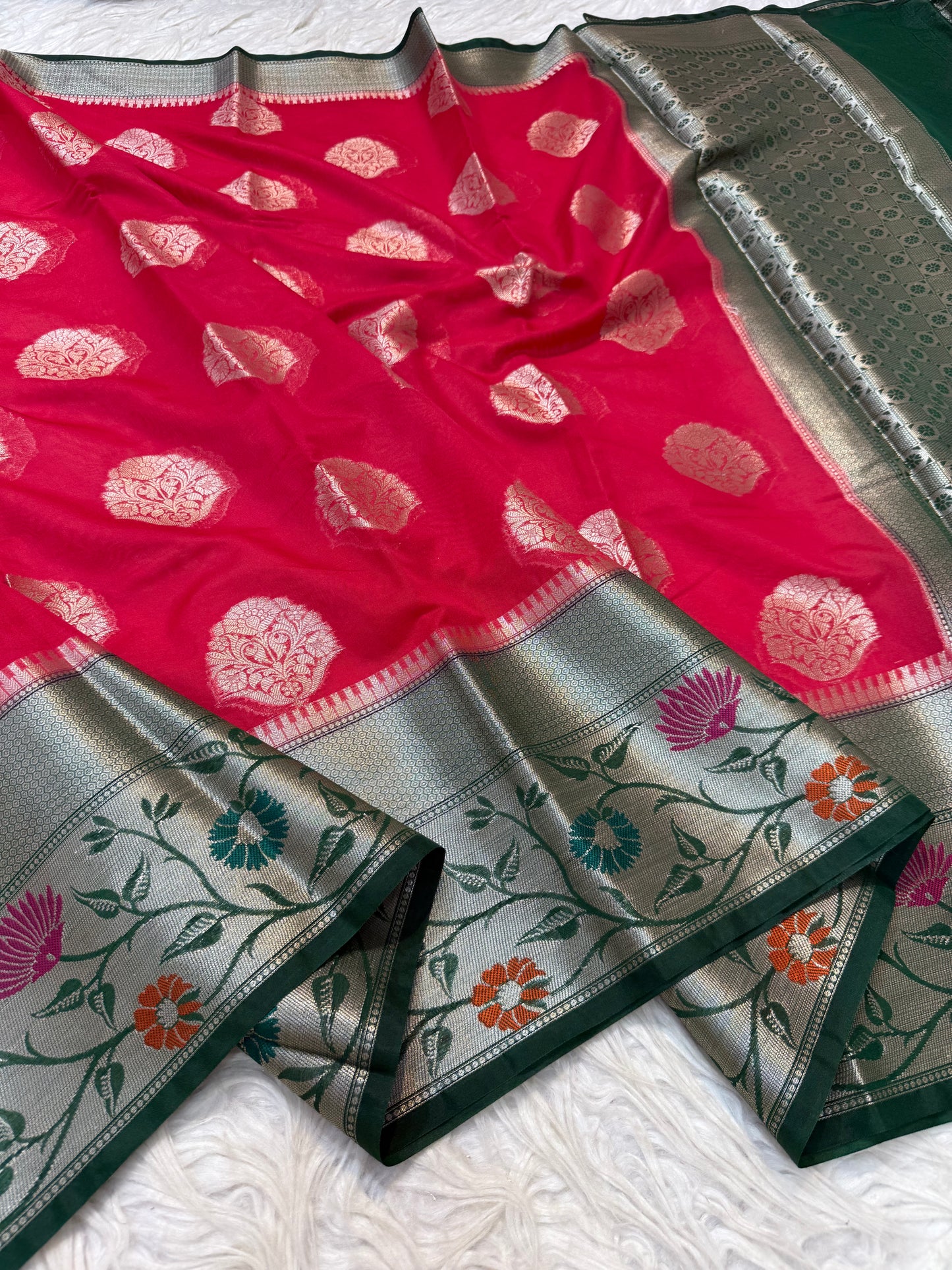 Red & Bottle green  shade georgette Banarasi saree