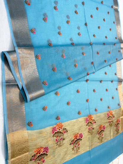 Sky blue shade cotton kota embroidery Banarasi saree