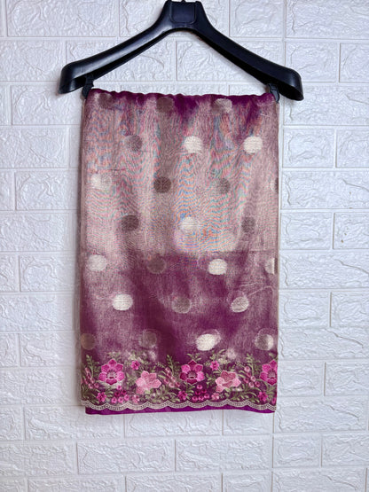 Magenta tissue cutwork embroidery premium designer Banarasi saree