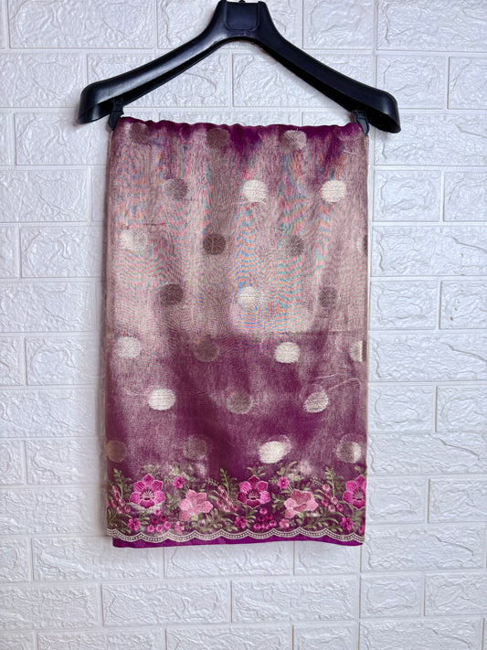 Magenta tissue cutwork embroidery premium designer Banarasi saree