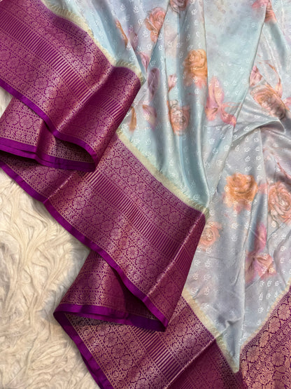 multicolour soft Dupion silk digital  print Banarasi saree