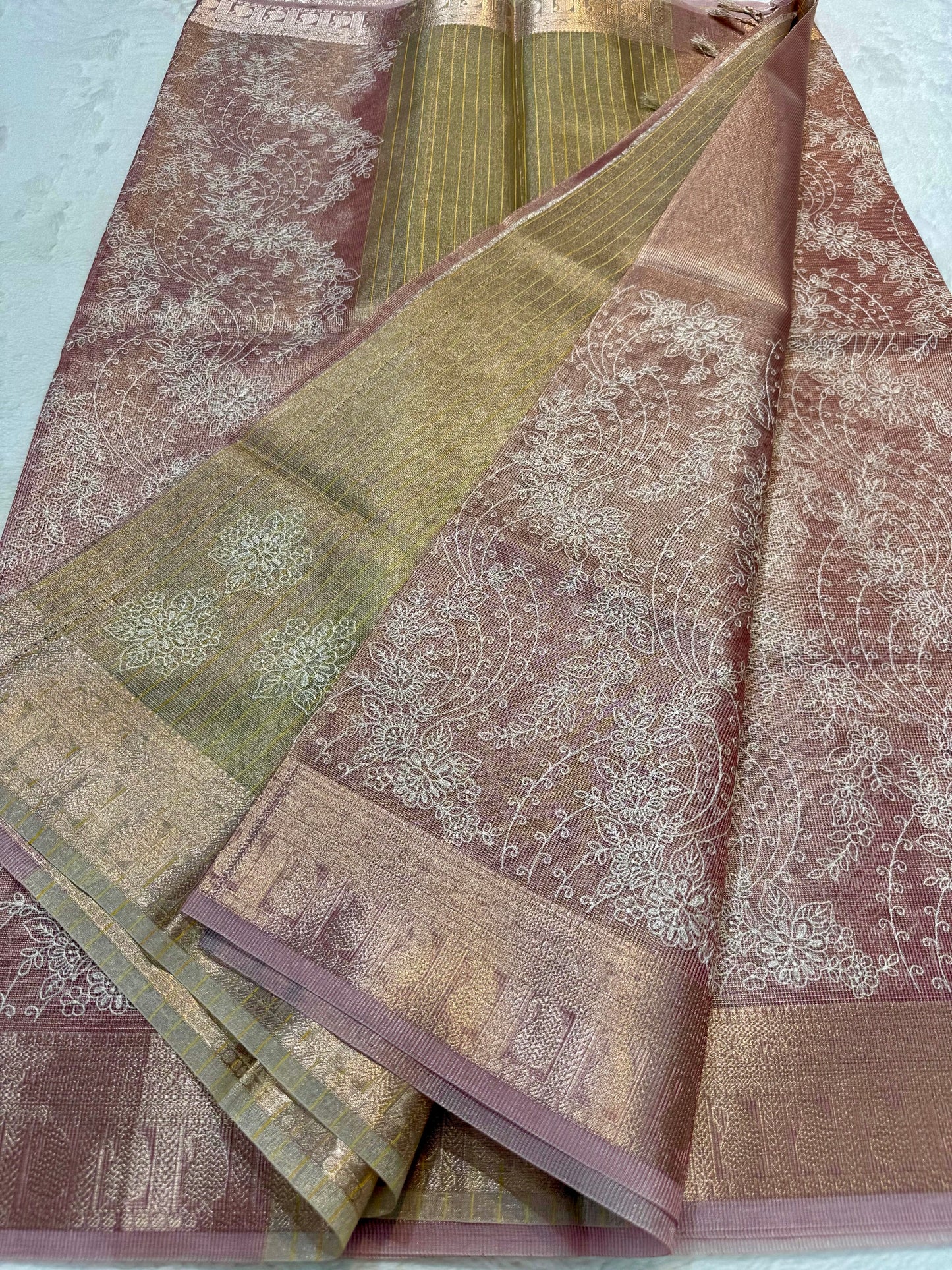Rose gold shade tissue kota designer embroidery premium Banarasi saree