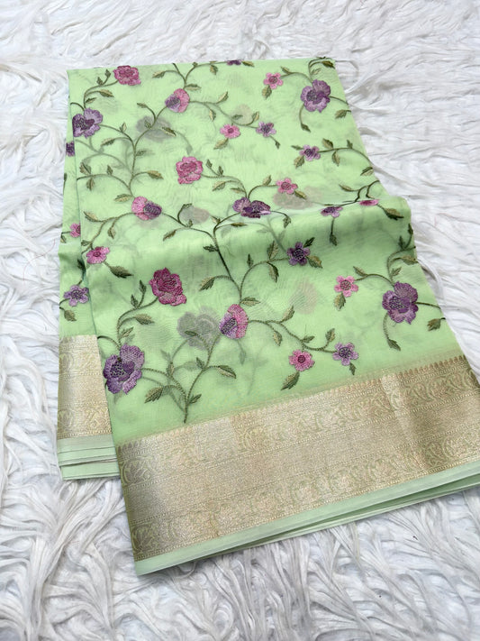 Pista green shade organza embroidery Banarasi saree