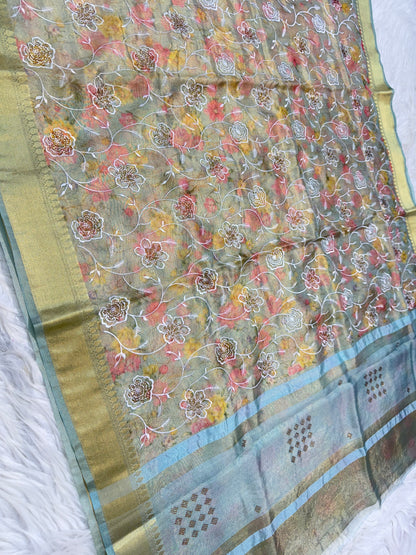 multicolour tissue silk digital  print Embroidry sawroski work premium Banarasi saree