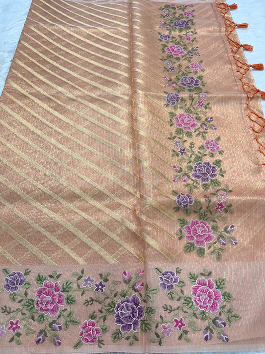 Pink shade tissue kota embroidery primum Banarasi saree