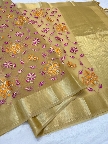 Beige shade organza designer premium embroidery Banarasi saree