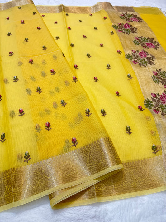 Yellow shade cotton kota embroidery Banarasi saree