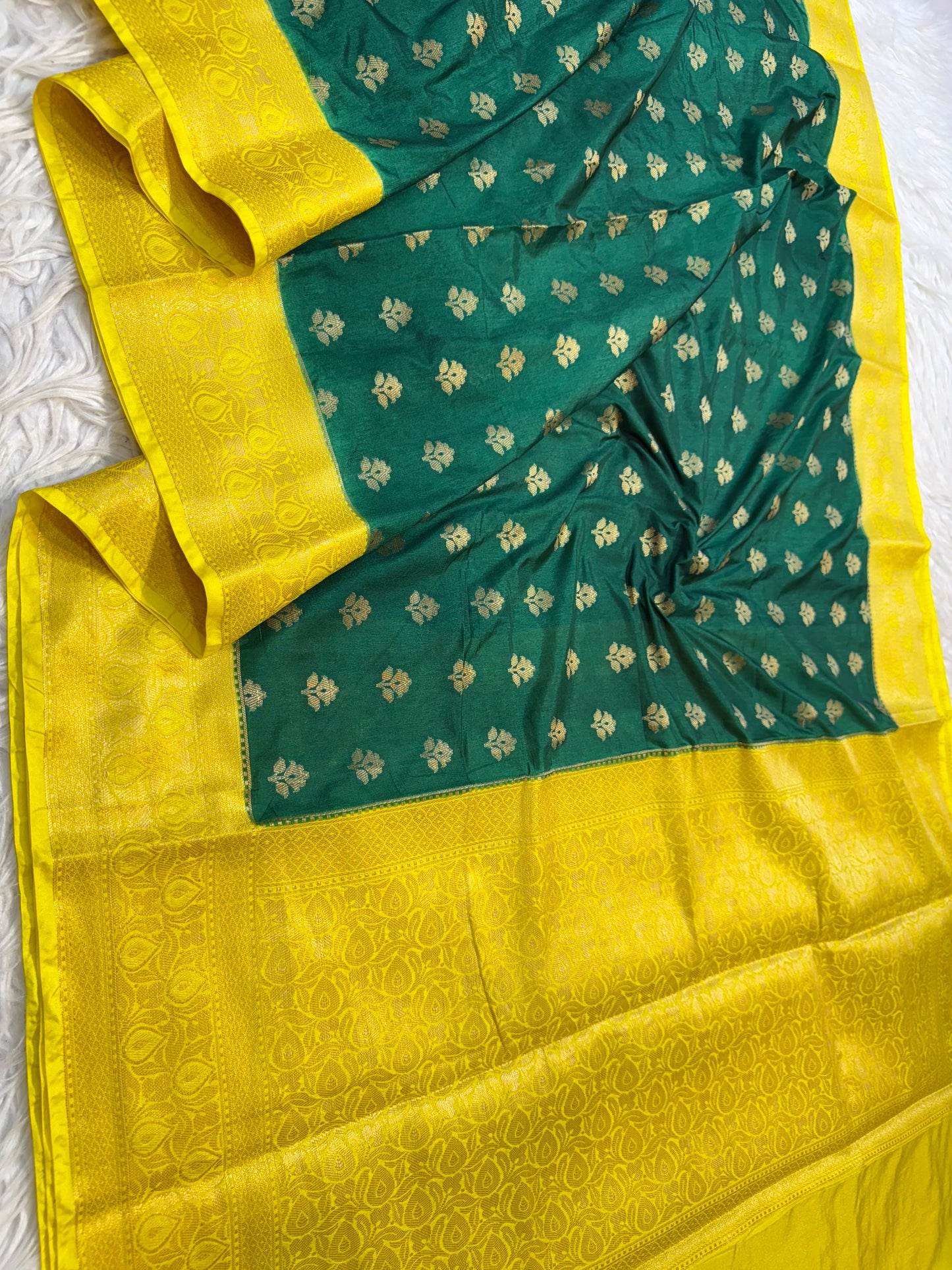 Bottle green yellow shade Dupion Silk premium Banarasi Saree