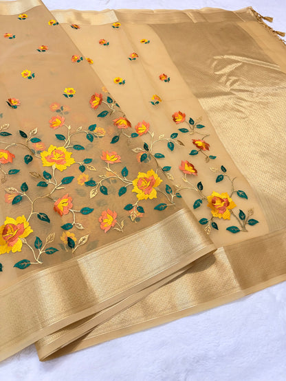 Beige shade organza designer premium embroidery Banarasi saree