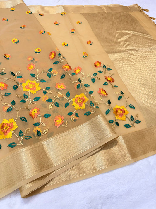 Beige shade organza designer premium embroidery Banarasi saree