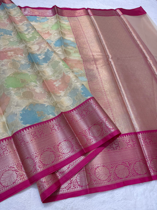 Multicolour shade kora organza Banarasi saree