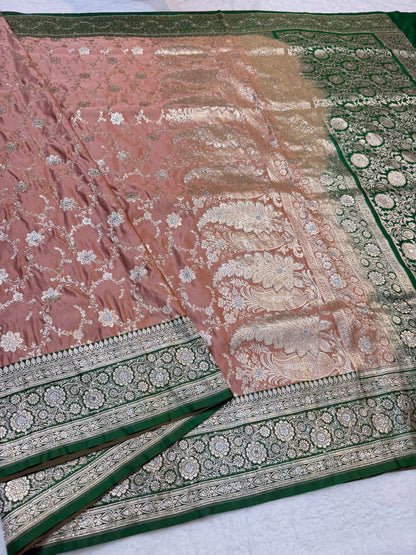 Peach & bottle green shade Bridal Satan katan ari & stone work Banarasi silk Saree