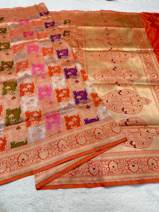 multicolore shade pure katan rangkat premium Banarasi silk saree