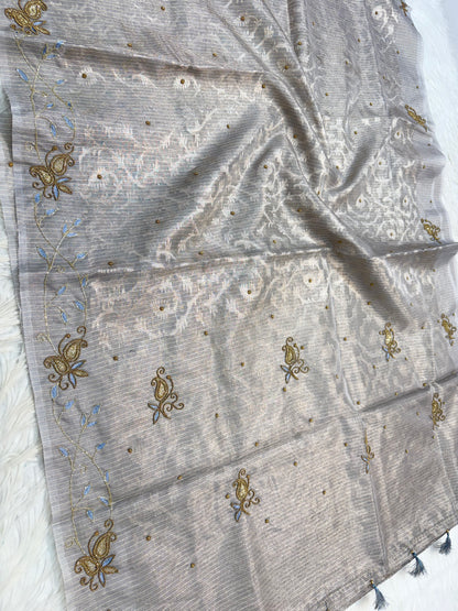 Gray shade tissue kota zardosi work premium Banarasi saree