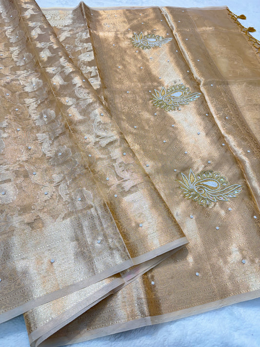 Gold shade tissue kota designer handwork premium Banarasi saree