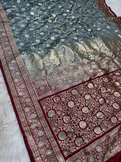 Gray maroon shade Bridal Satan katan ari & stone work Banarasi silk Saree