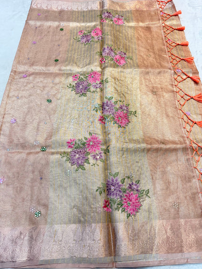 Peach shade kota tissue kota designer embroidery handwork premium Banarasi saree