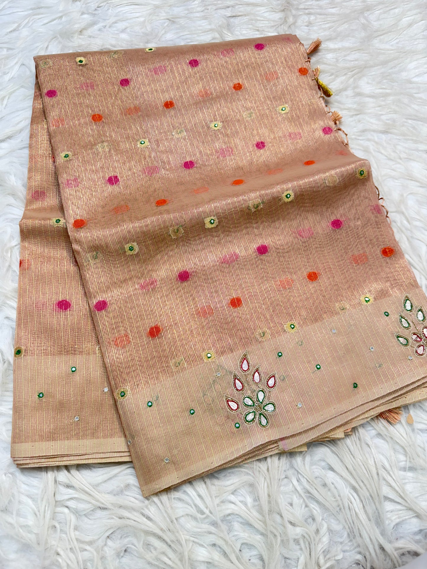 Peach shade tissue kota designer handwork premium Banarasi saree