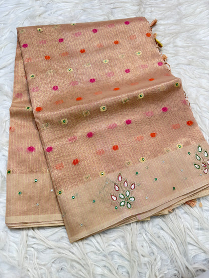 Peach shade tissue kota designer handwork premium Banarasi saree