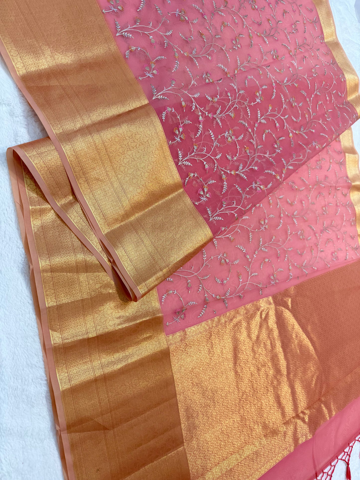 Pink shade organza designer premium embroidery Banarasi saree
