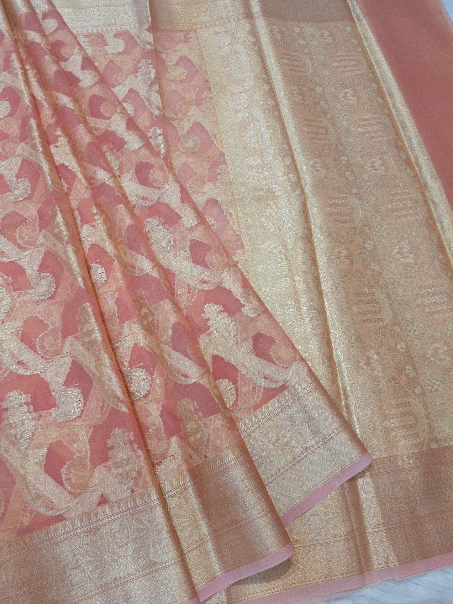 Peach shade kora organza Banarasi saree