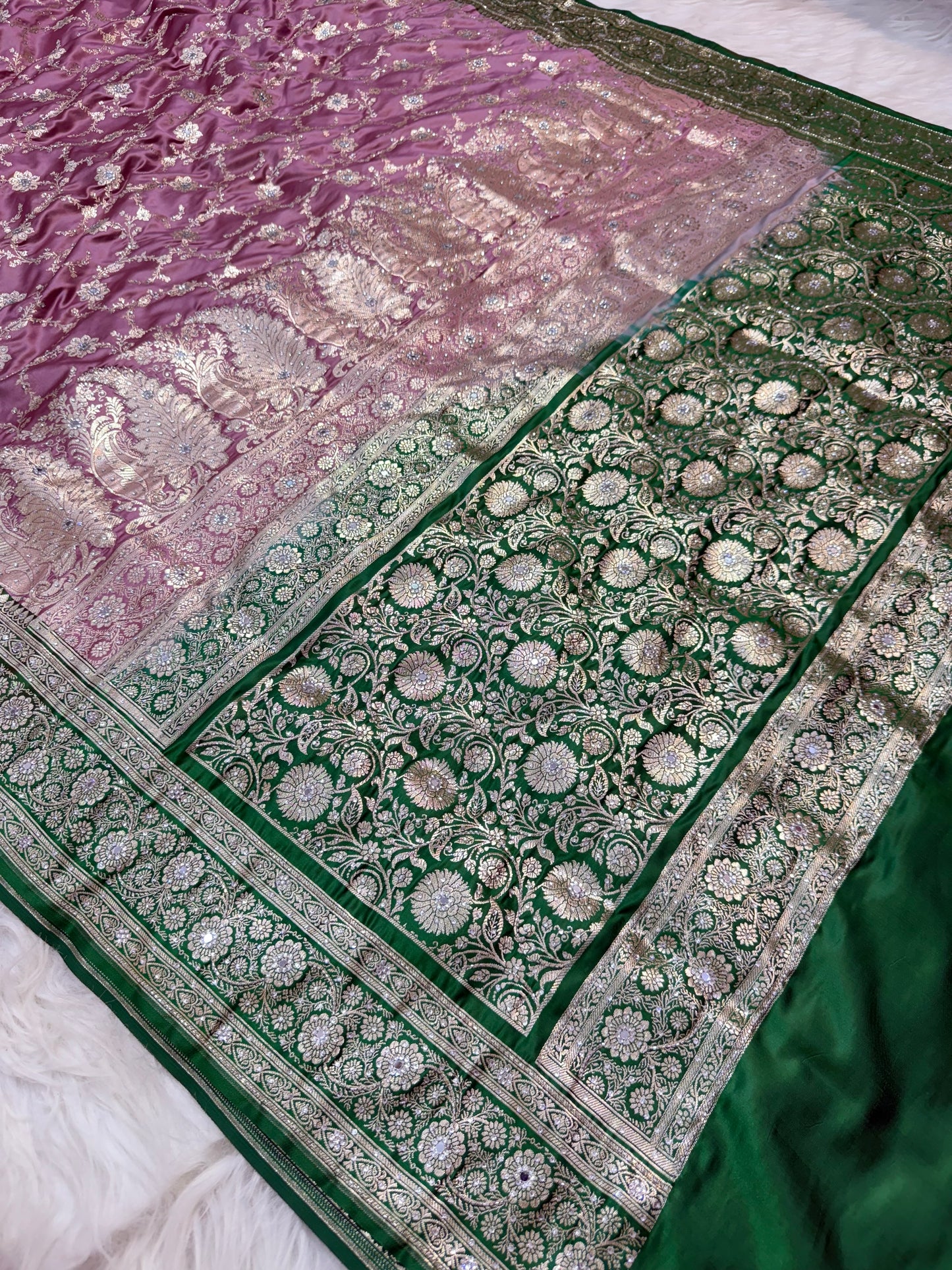 Rose gold shade Bridal Satan katan ari & stone work Banarasi silk Saree