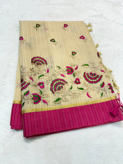 Beige royal pink shade kota embroidery Banarasi saree
