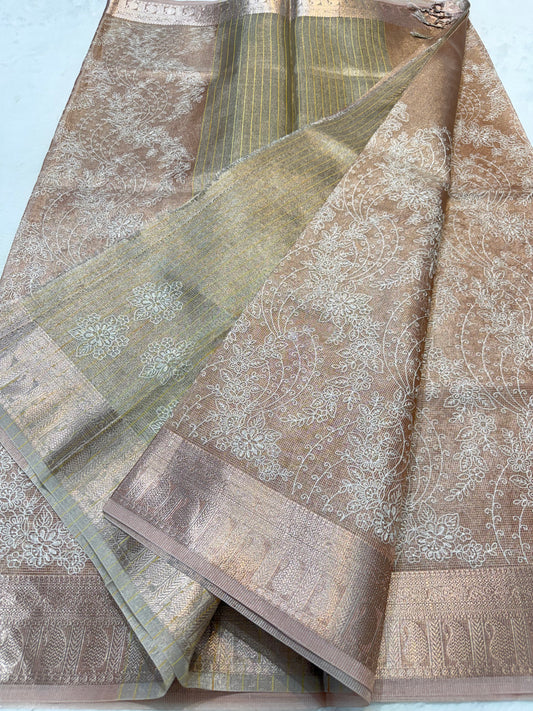 Dusty pink shade tissue kota designer embroidery premium Banarasi saree