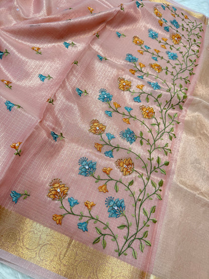 Pink shade tissue kota embroidery mirror work premium Banarasi saree