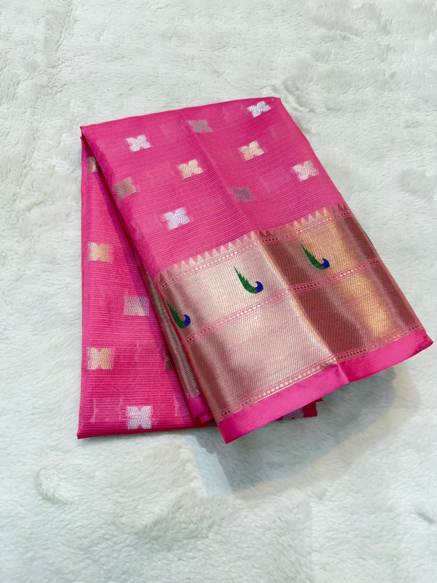 Peach & multicolour shade tissue kota premium paithani border designer banarasi saree