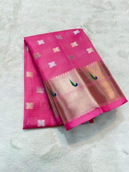 Peach & multicolour shade tissue kota premium paithani border designer banarasi saree