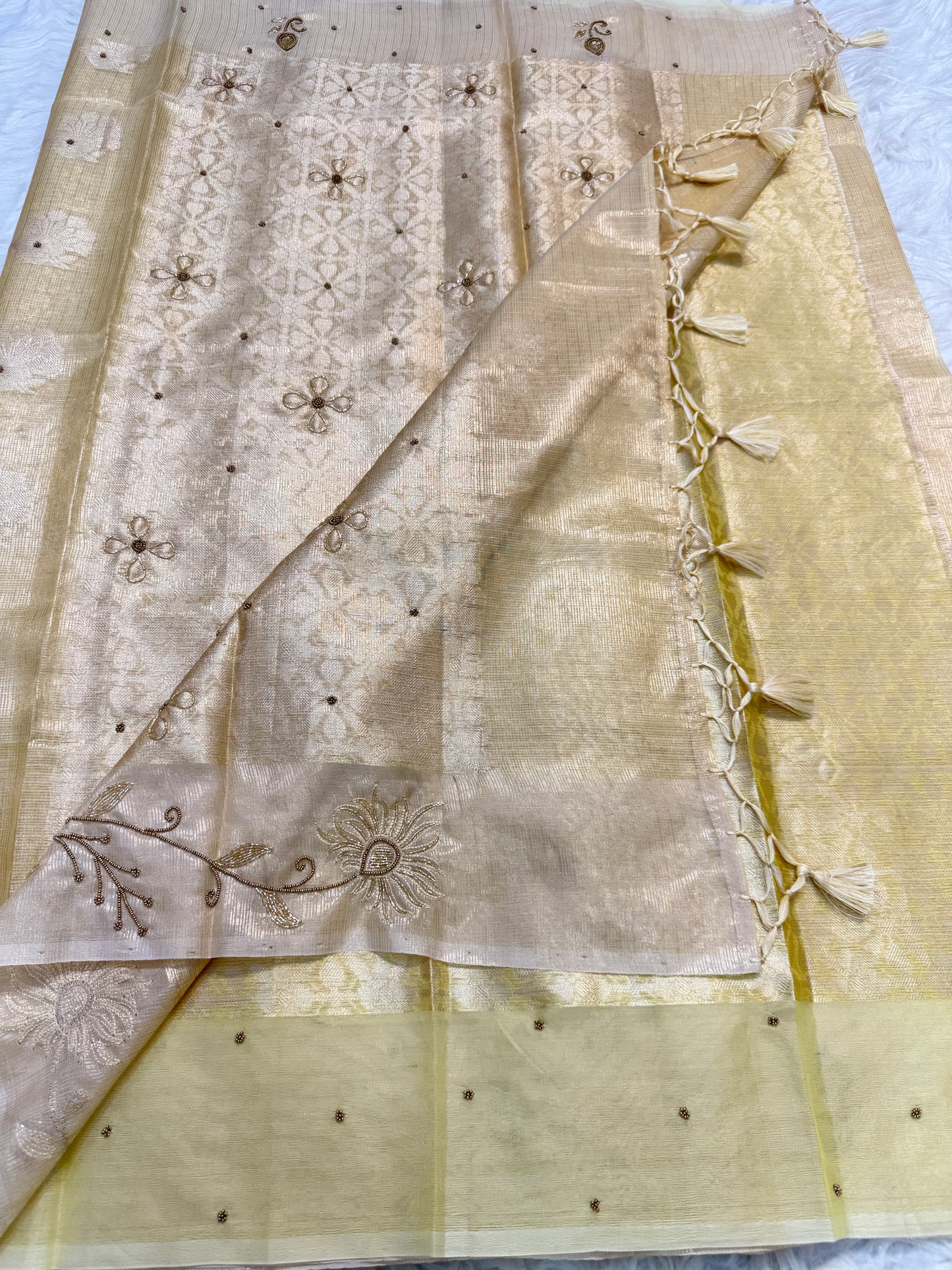 Yellow shade tissue kota designer handwork premium Banarasi saree
