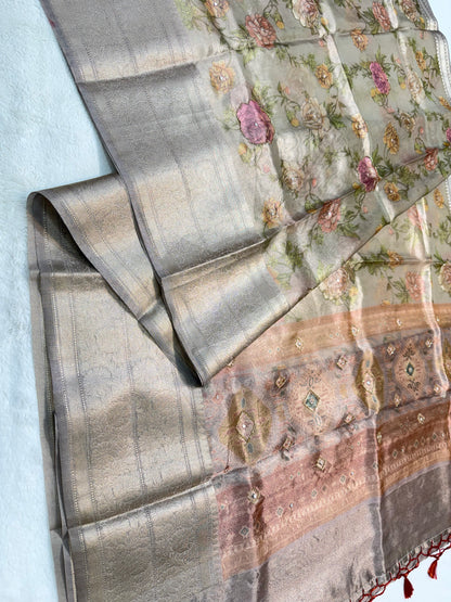 multicolour tissue silk digital print handwork premium Banarasi saree
